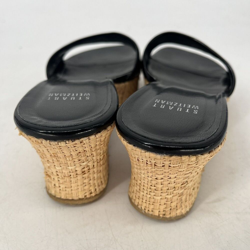 Stuart Weitzman Black Patent Wedge Slide Sandals Raffia Platform Women's 6.5 - Picture 5 of 9